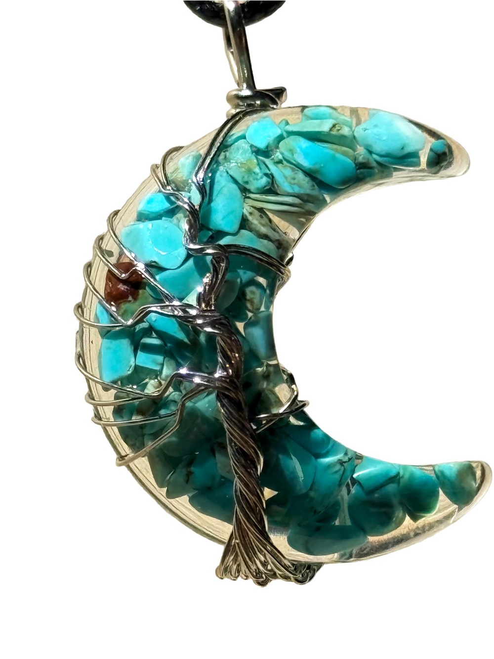 NEW Turquoise Chip Resin Crescent Moon Silver Tone Wire Wrapped Necklace